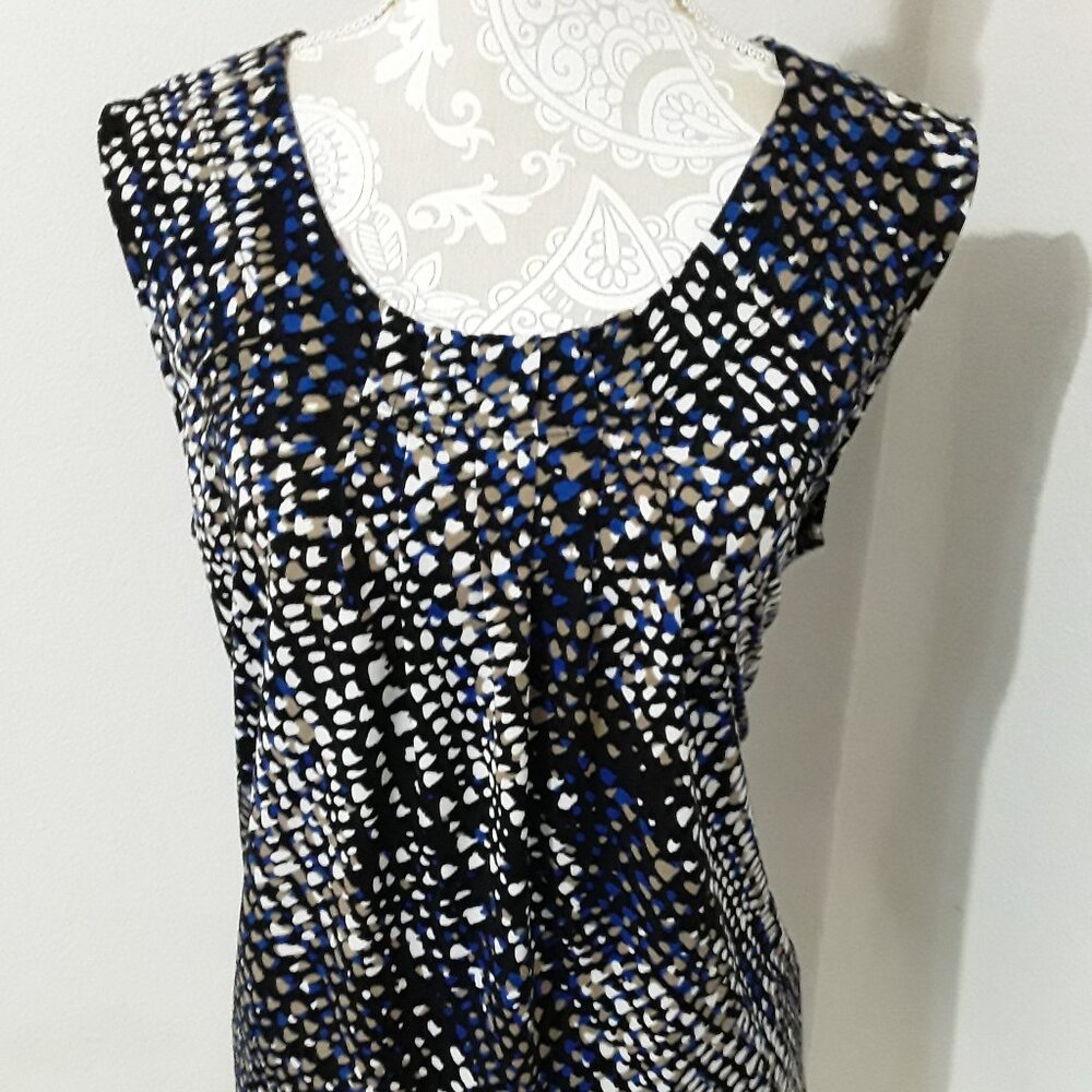 KASPER lovely blue and white/tan pleated neckline sleeveless top size XL